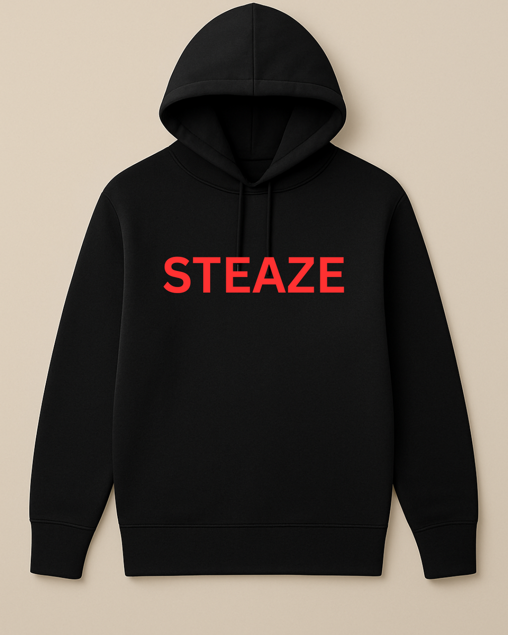 Black hoodie with 'STEAZE' printed in red on a beige background