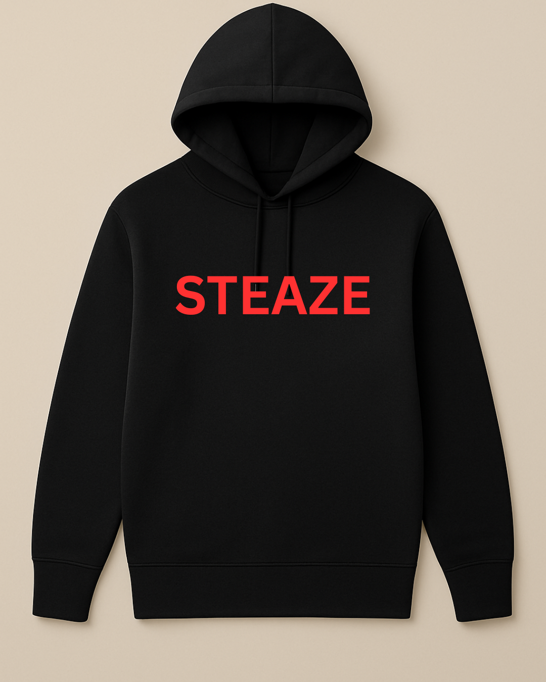 Black hoodie with 'STEAZE' printed in red on a beige background