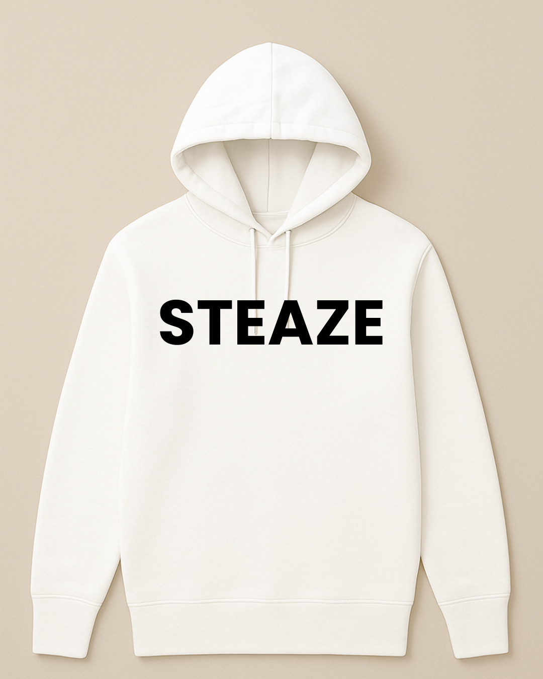 White hoodie with 'STEAZE' text on a beige background